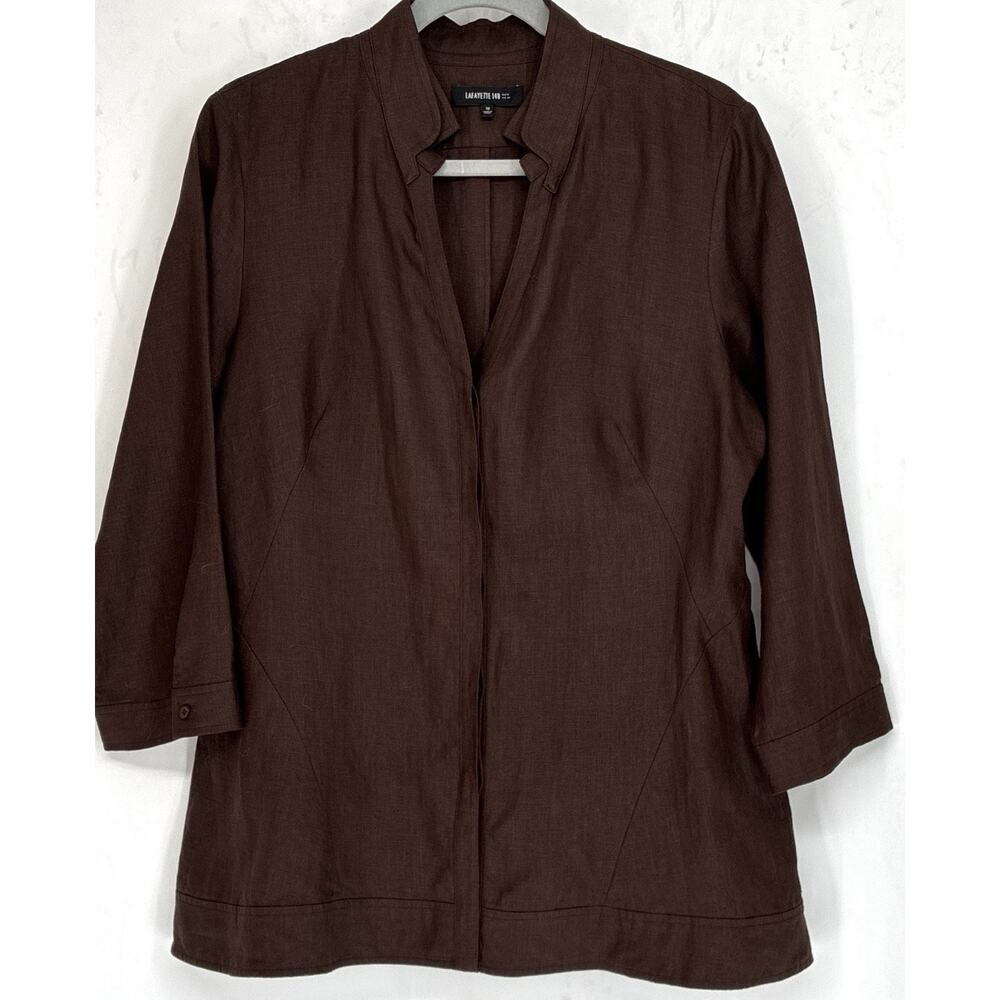 Lafayette 148 New York 100% Linen Brown Hidden Btns Jacket Sz 12 Relaxed A-Line - Picture 3 of 10